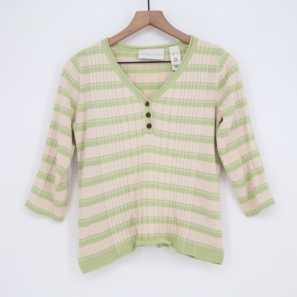 First Issue Sweater Womens Small Henley V-Neck Green Striped Ribbed Good